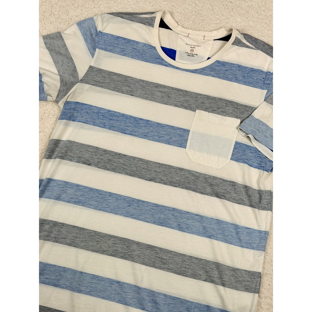 Daniel Buchler Men XL Striped Pima Cotton Modal Pocket T-Shirt Blue Grey‎ White